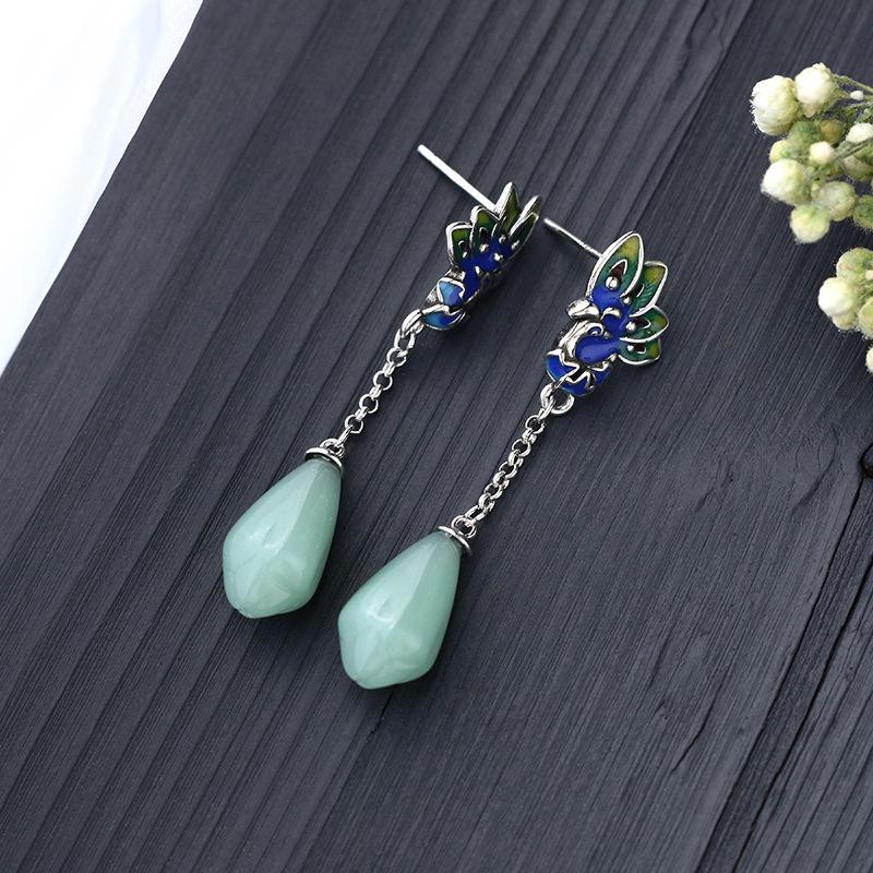 Airyuan Vintage Chinese-Style Peacock Enamel Earrings with Imitation Hetian Jade and Magnolia Flower Design