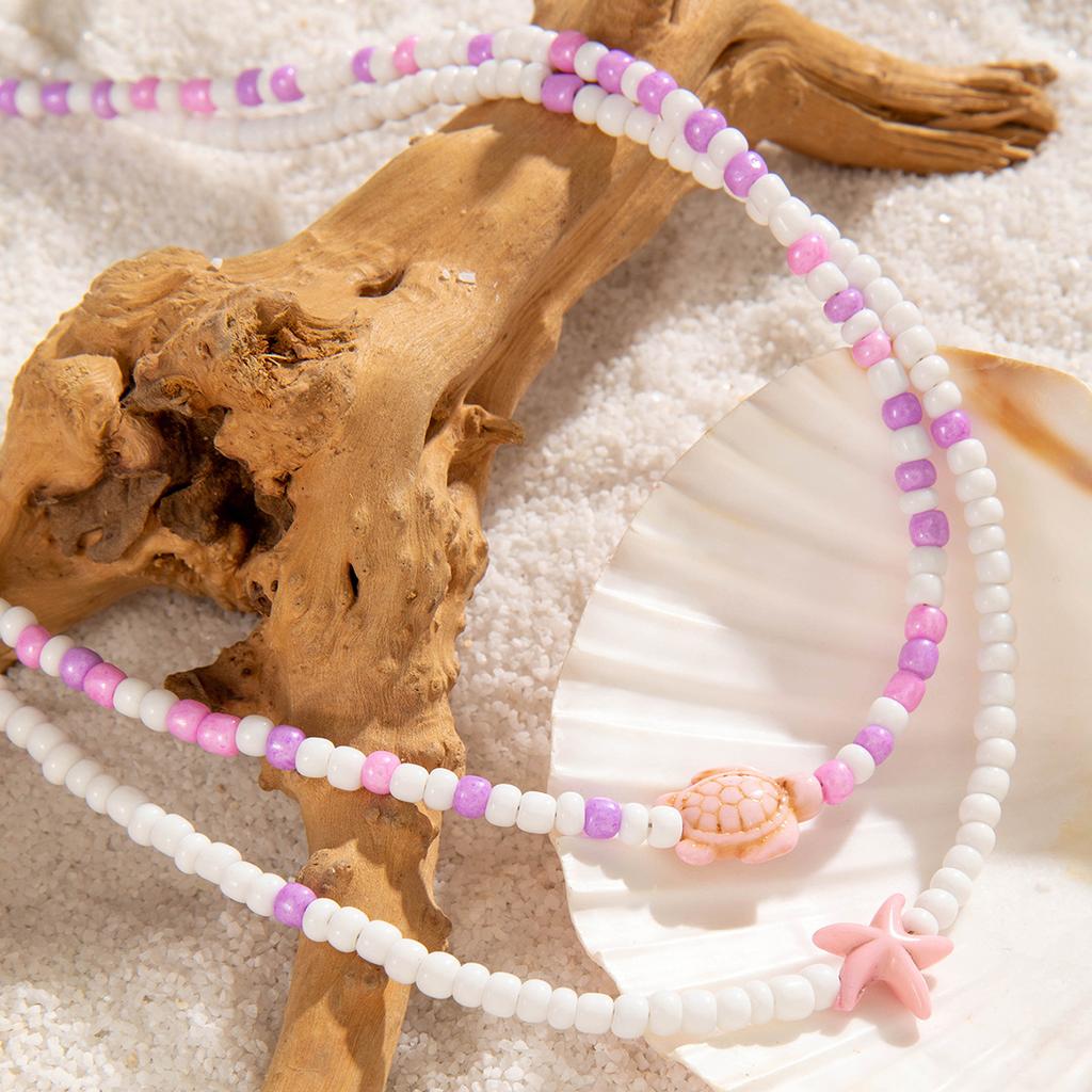 Perlenketten-Set für Damen 2 Stück Samenperlen-Choker mit Meeresschildkröte Seestern Anhängern Layering Sommer Boge Strand Schmuck