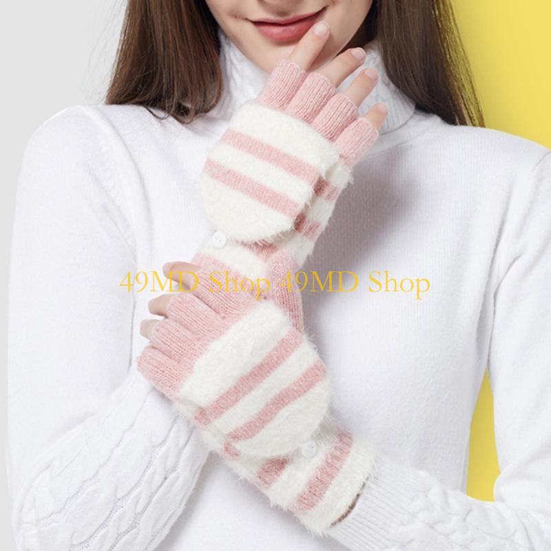 49MD Knitted Fingerless Gloves Winter Striped Gloves Cartoon Mitten with Top