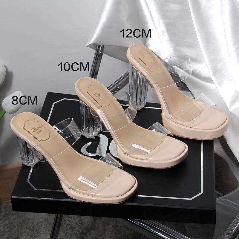 One Word with Transparent Crystal Super High Heel Waterproof Table Thick Heel Cool Slippers 2025 New Women's Summer Small Size 313233