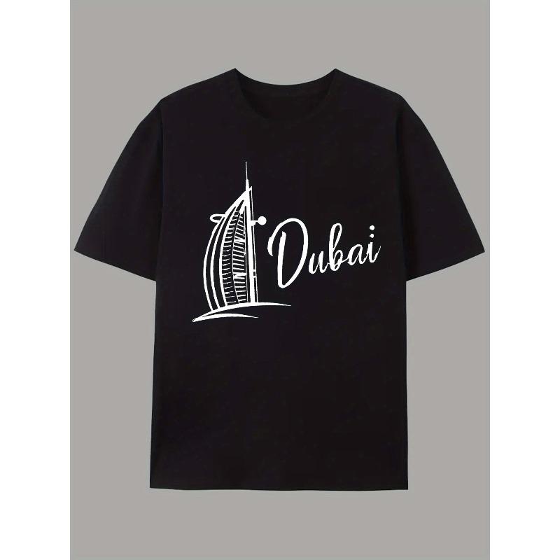 European sizes Men s T-Shirt Dubai Landmark Sketch Print Trendy Graffiti Letter Print Men s T-Shirt High Street Couple Outfit Top S