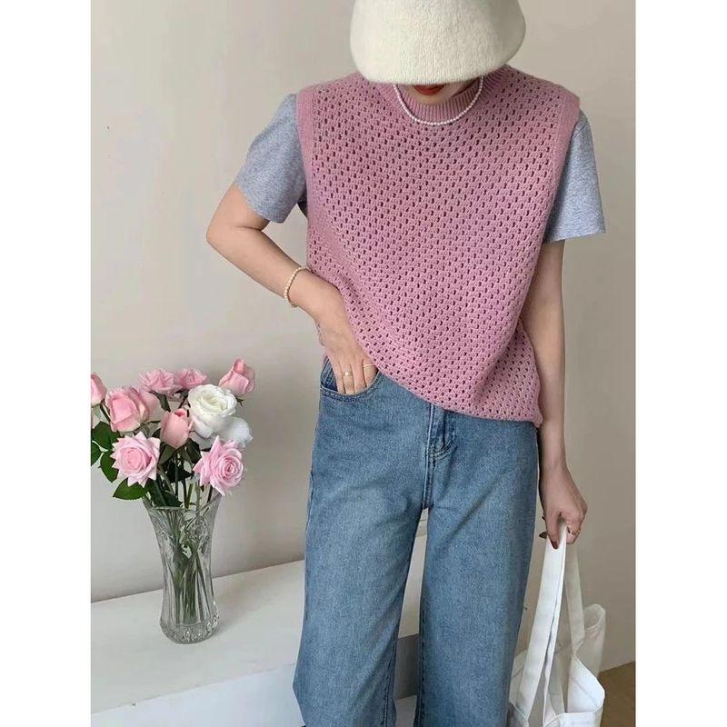 round Neck Hollow out Sleeveless Vest Pure Color round Neck Cut Out Sleeveless Vest