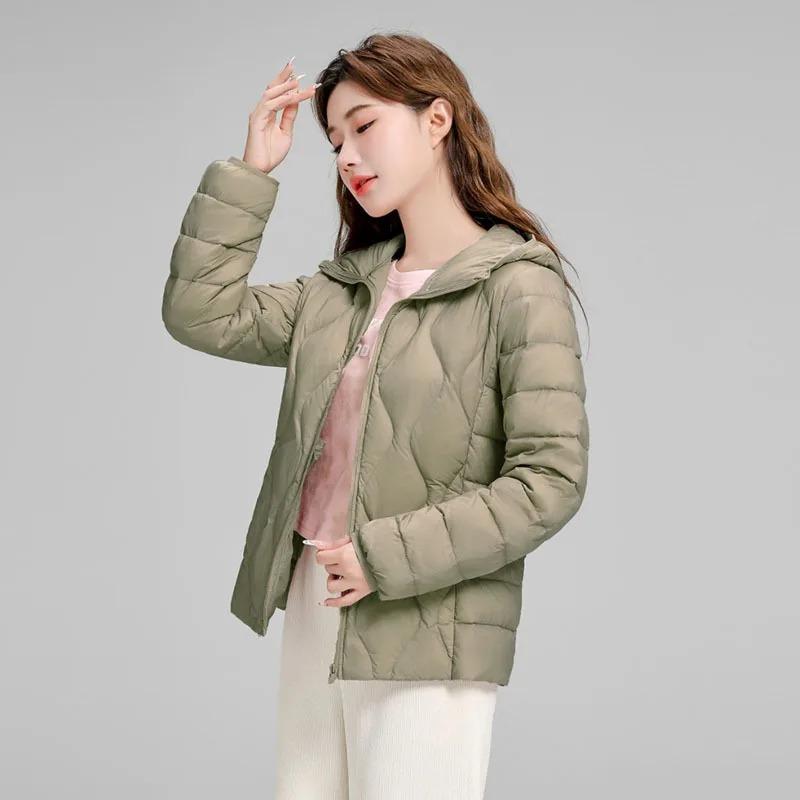 Lightweight Women Down Jacket Hooded White Duck Down Warm Thin Coat Korean Style Puffer Jacket