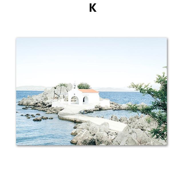 Blaue Ozean-Tür-Windmühle, Ägäis-Landschaft, Wandkunst, Leinwandgemälde, Santorini-Poster und Drucke, Wandbilder für Wohnzimmer-Dekoration