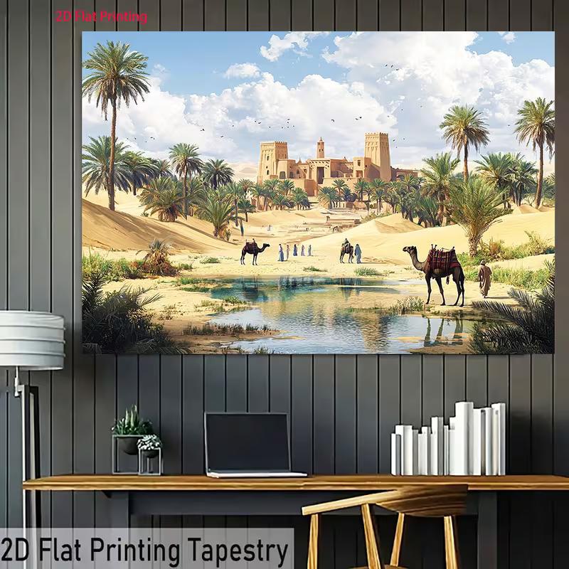 Moroccan Desert 2D Backdrop, Ancient Castle Oasis Camel Photography Background