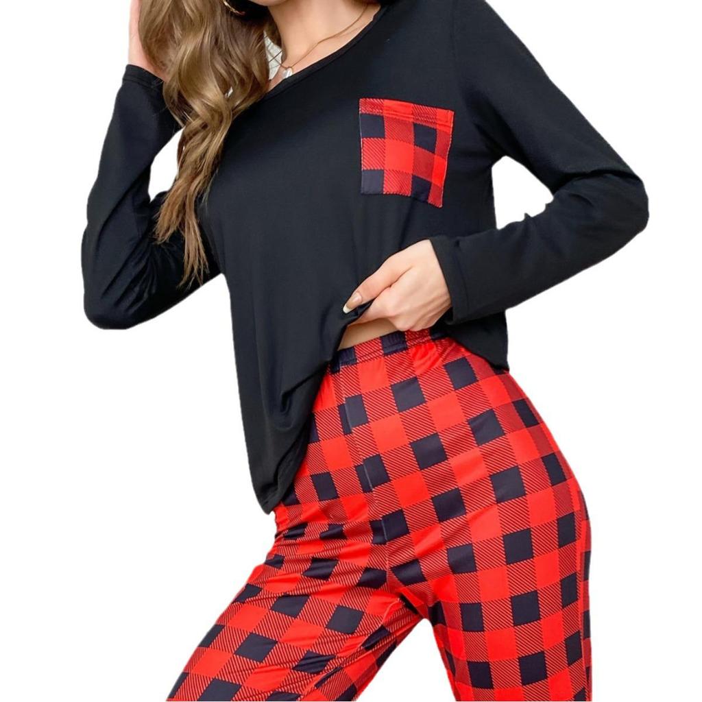 Plaid Pocket Long-Sleeve Pajama Set: Women's European and American Style