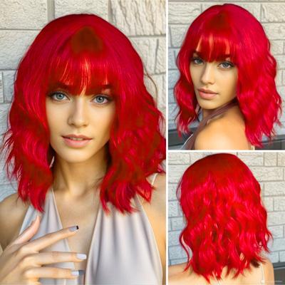 Parrucca riccia da donna con frangia Lunghezza spalla Fibra naturale resistente al calore ad alta temperatura Ondulata Arancione Rosso Marrone Nero Capelli sintetici