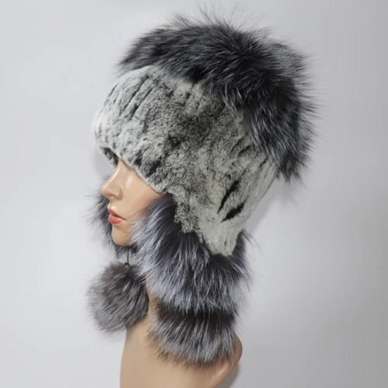 

Эластичные вязаные шапки-бини из меха кролика рекс ручной работы, шапка из натурального меха с ушками из меха лисы, шапочки из натурального меха для женщин, дизайнерские Elastic(52-60cm)