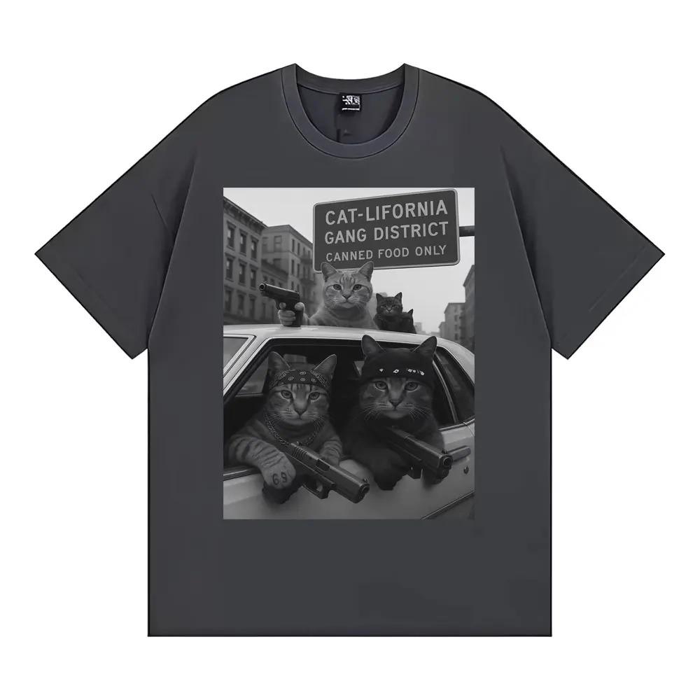 Unique Funny Cat Gang Meme Print T Shirt Unisex High Street Harajuku Y2k Oversized T-shirts Men Summer Tops Loose Cotton T-shirt