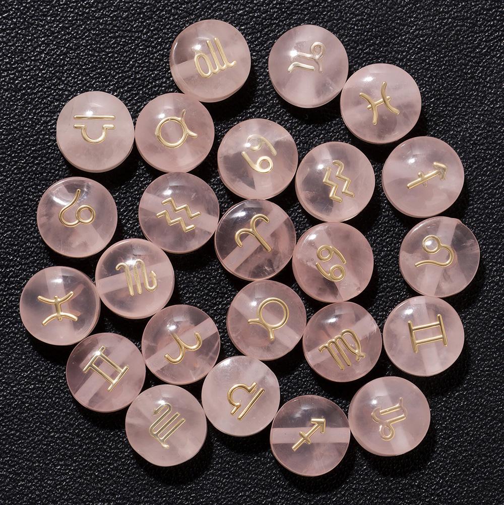 5pcs 8MM Pink Natural Rose Quartz Flat Round 12 zodiac signs constellation Stone Charms For DIY Making Jewelry