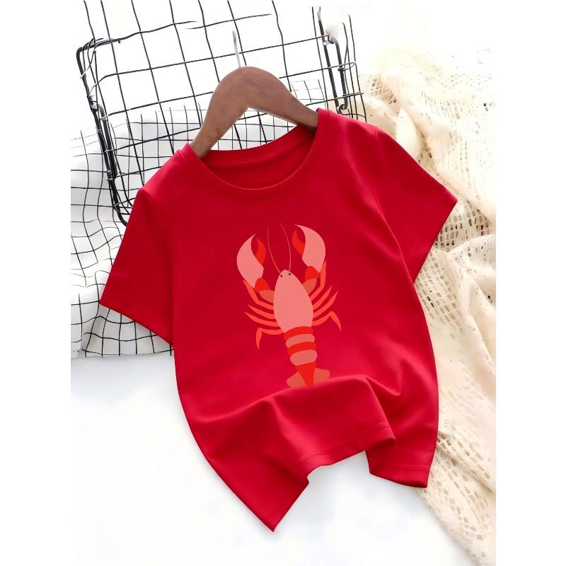 European Sizes Cartoon Lobster Print T-Shirt for Boys And Girls, Cute Summer Short-Sleeve Top Featuring Marine Life