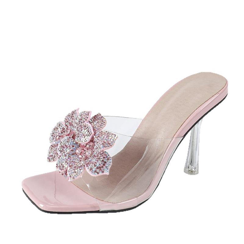 Fashion Liyke Fashion Gold Rhinestone Flowers Square Toe 9CM Transparent Heels Slippers Summer Sandal Clear Shoes For Women Mules Slides