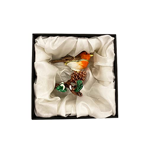 European Robin Figurine, Home Decor, Bird Trinket Box, Jewelry Box with Hinges, Golden Handmade Crystal, Animal Keepsake, Bird Lover Gift