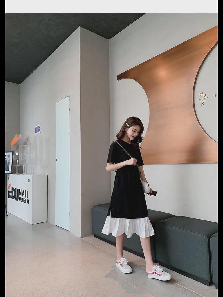 Korean Style Loose Fit Maternity Dress - Two-Piece Spliced Design, Over-Knee Length, Casual Summer Wear