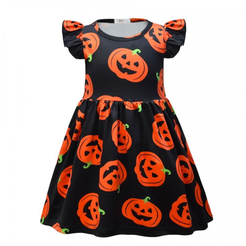 Girls Halloween Short Dress Ruffle Sleeve Round Neck A-Line Party Kids Casual Costume