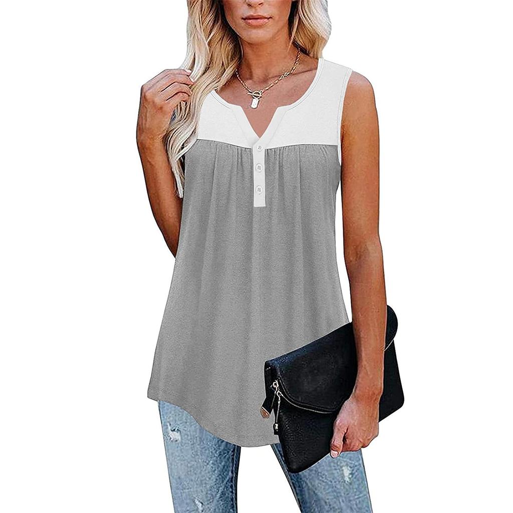 Fashion Womens Summer V-neck Sleeveless Patchwork Tops Ruffle Loose Tunic Blouse
