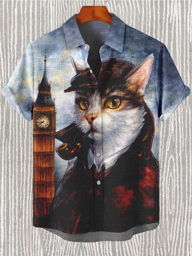 Summer Men's Retro Cartoon Anime Cat Theme Print Short Sleeve Shirts Short Sleeve Tops Fashion Casual Vacation Streetwear Men's Shirts
