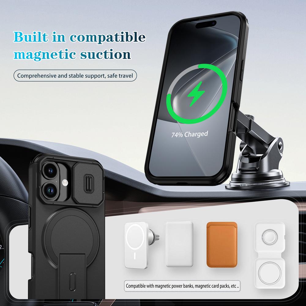KEYSION Shockproof Armor Magnetic Case for iPhone 17 16 Plus Slide Camera Protect Kickstand Wireless Charging Phone Back Cover