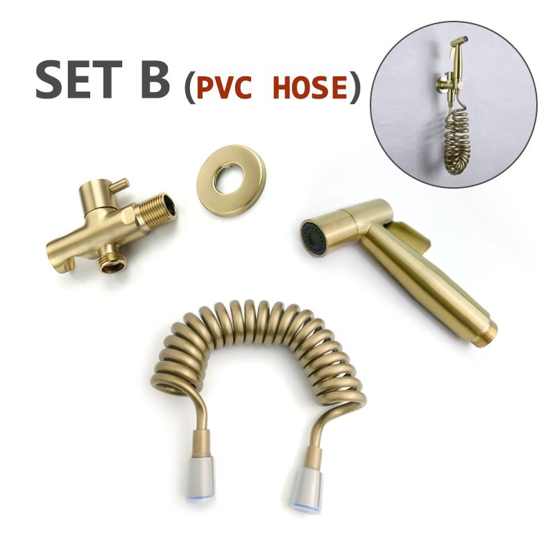 Bidet Sprayer Brushed Gold Bathroom Clean Toilet 2 Functions Water Flow Brass Body Stainless Steel/PVC Hose