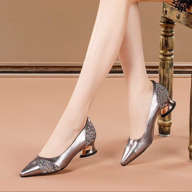 

Color Block Pointed Toe Chunky Heel Pumps - Women s Autumn 2025 Low-Cut Leather Mid Heel Shoes 36