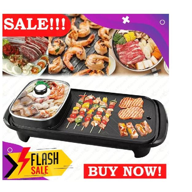 Korean Style 2 in 1 Electric Multi Cooker Barbecue Pan Hot Pot Cooker Electric Smokeless Barbecue BBQ Grill Non-Stick Coating Hotpot Roasting Baking