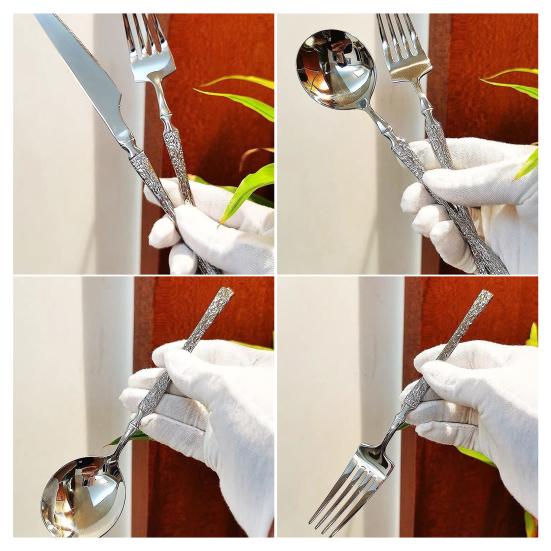 French Style Cutlery 304 Stainless Steel Hammered Texture Tableware Non-Slip Handle Small Waist Design Serrated Knife Sharp Fork Spoon