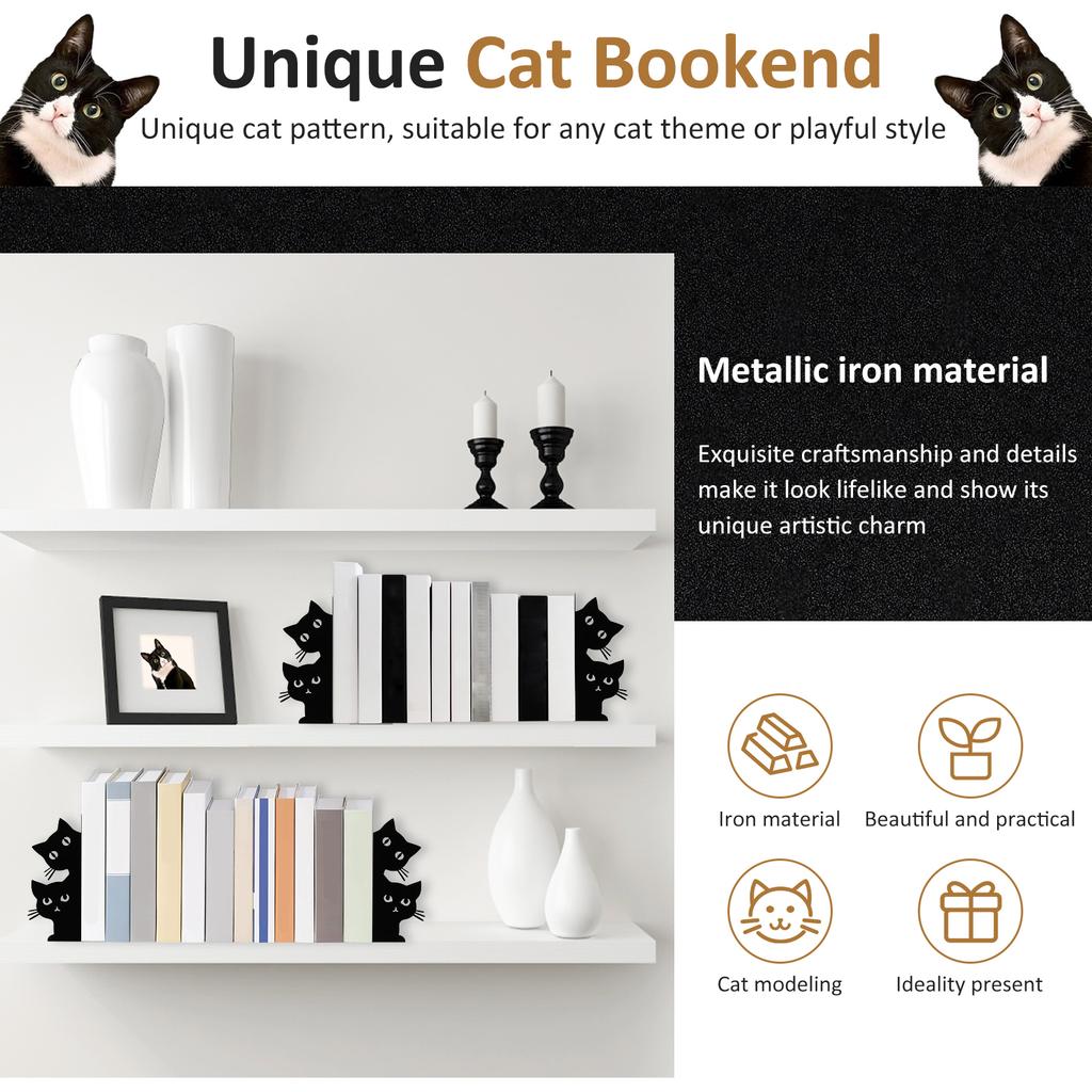 2 Pairs Desktop Peeping Cat Metal Bookends Set Cute Black Cat Book Holder Decorative Black Cat Book Ends for Bookshelf Office
