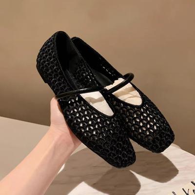 Scarpe Piatte da Donna Estate Nuove Francesi Punta Quadrata Traforate Cinturino Piatto Intrecciato Traspiranti Versatili da Spiaggia a Bocca Bassa