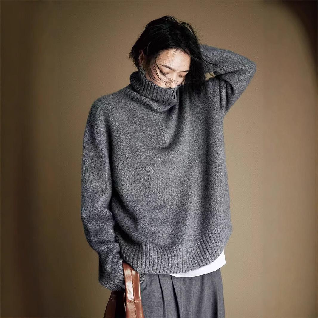 

Women s Retro Half-Zip 100% Wool Sweater – Thick, Loose-Fit Knitted Base Layer with Turn-Down Collar for Autumn/Winter. Medium