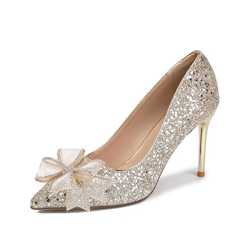 Premium Sense Main Wedding Dress Wedding Shoes Spring and Summer Women's New Bridal Shoes Crystal Wedding High Heels Gold Sequined Shoes