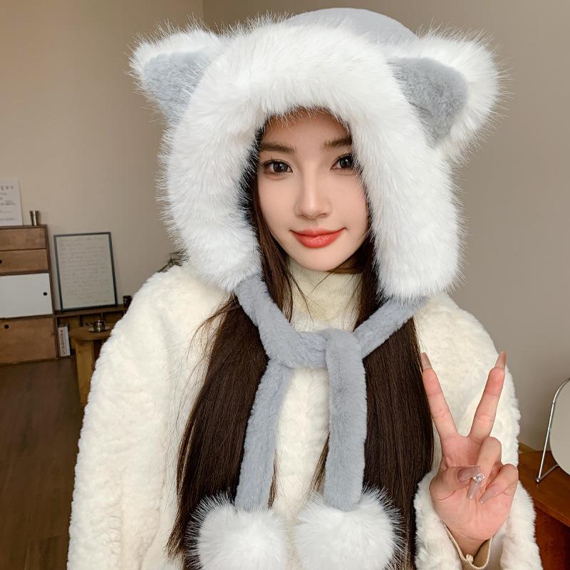 

Autumn and winter cute fox ears plush hat women thickened warm bag head hat ear hat show small face one size fits all білий