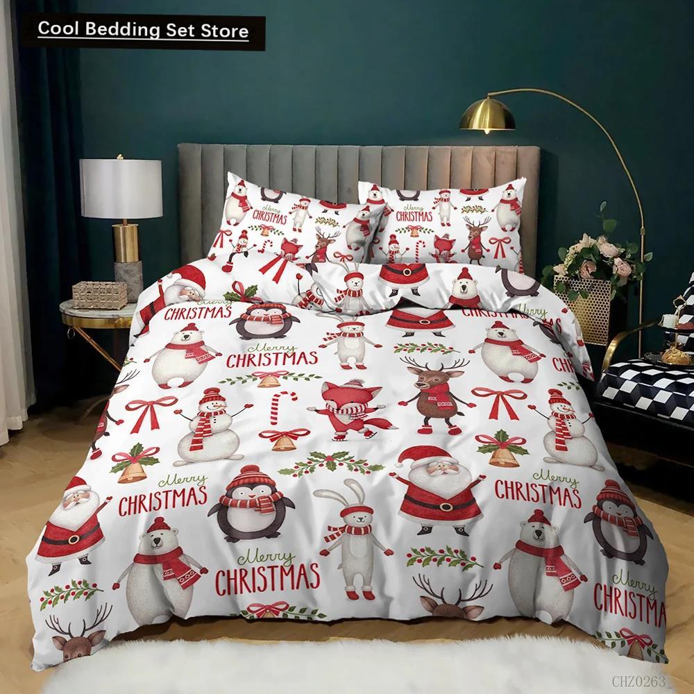 Christmas Duvet Cover Set Winter Snowman Santa Claus Christmas Stocking Bedding Set Double Queen King Size Polyester Qulit Cover