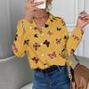 Damen Bluse Modisch Bedrucktes Langarmshirt Schmetterling Bedrucktes Reversshirt