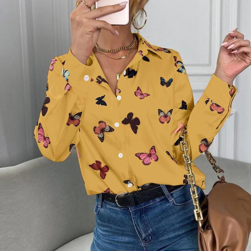 Damen Bluse Modisch Bedrucktes Langarmshirt Schmetterling Bedrucktes Reversshirt