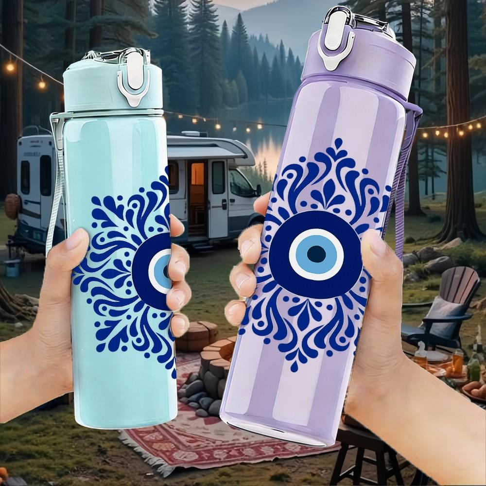 1PC Blue Evil Eye Mandala 750ml Color Plastic Sports Water Bottle Leakproof Flip Straw Lid Suitable for Sports Office Home Use