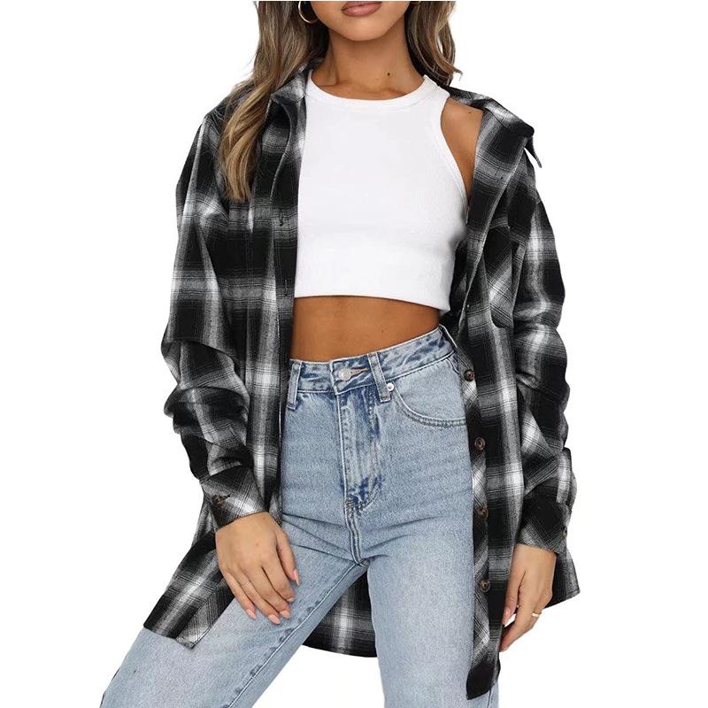 New Women's Top with Collar Long Sleeves Loose and Casual Checkered Shirt