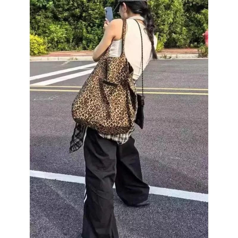 College Style Leopard Print Canvas Bag Women'S Fashion Casual Tote Bag Versatile Large-Capacity Cloth Bag