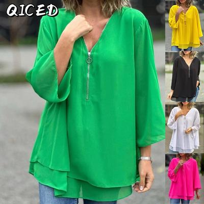 Camicette e camicie da donna con scollo a V, maniche lunghe, stampa tinta unita casual alla moda