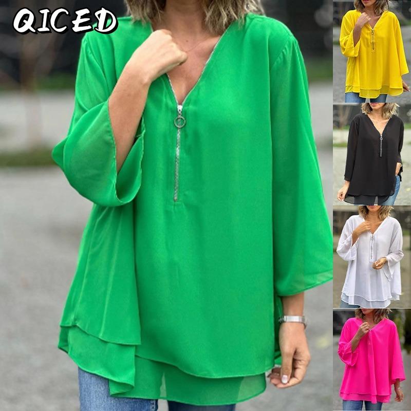 QICED Women's Fashion Casual Solid Color Print Long Sleeve V Neck Blouses & Shirts
