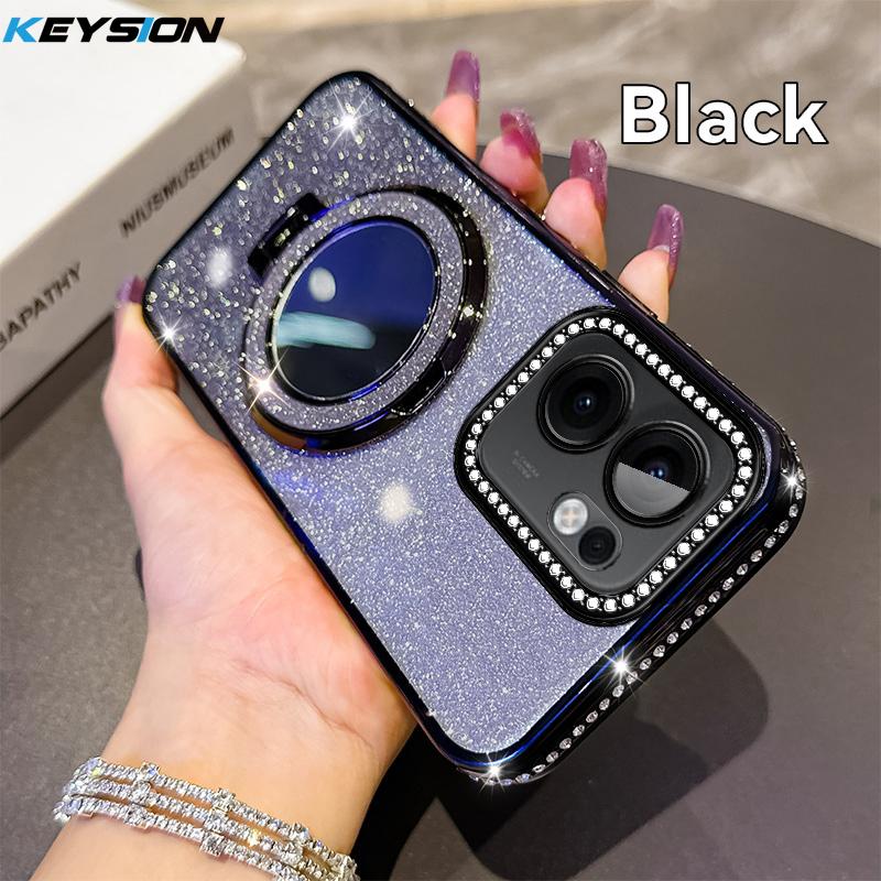 

KEYSION Luxury Glitter Jewelled Magnetic Phone Case for OPPO Reno13 F 5G Makeup Mirror Stand Shockproof Cover for OPPO Reno 13F for OPPO Reno13 F 5G чёрный
