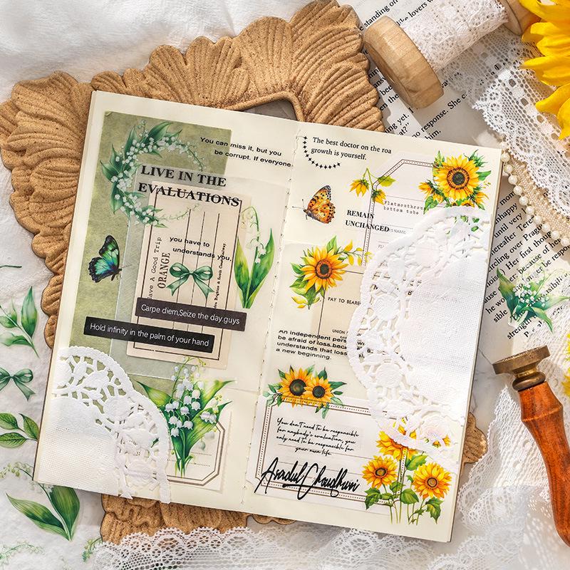 Yue Zhen Floral Retro Waterproof PET Die-cut Journal Stickers