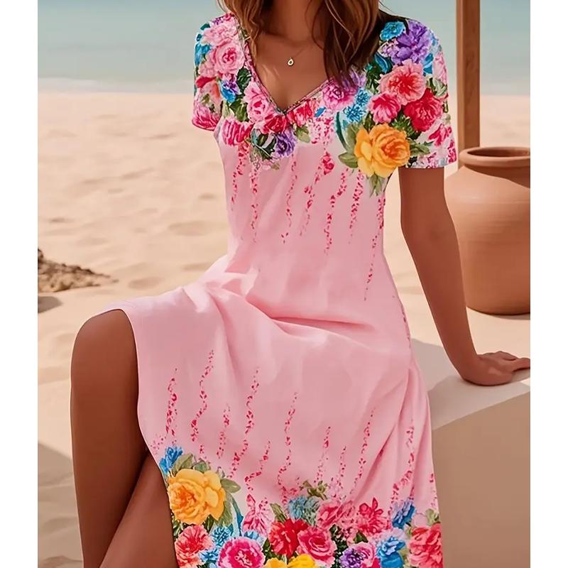 

Літня Мода Жіноча Сукня з V-подібним вирізом, коротким рукавом, ретро-квітковим принтом, сексуальна коротка спідниця, сукні 8XL рожевий