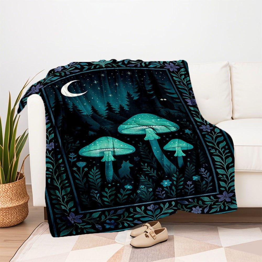 Glow-in-the-Dark Forest Mushroom Wall Art PrintBlanket Flannel Throw Blanket for Sofa, Bed, Travel, Camping, Office, Couch, Chair, And Bed G