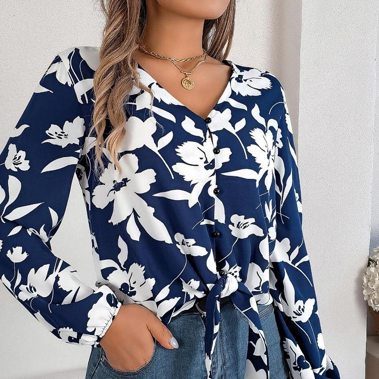 Women V-Neck Long Sleeve Blouse Stylish Print Shirt for Spring Autumn Season