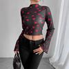 Ins Herbst Damen Netzprint Rundhals Glockenärmel Langarm T-Shirt Mode Täglich Basic Büro Dame Lässig Slim Fit Damen Elegantes Oberteil
