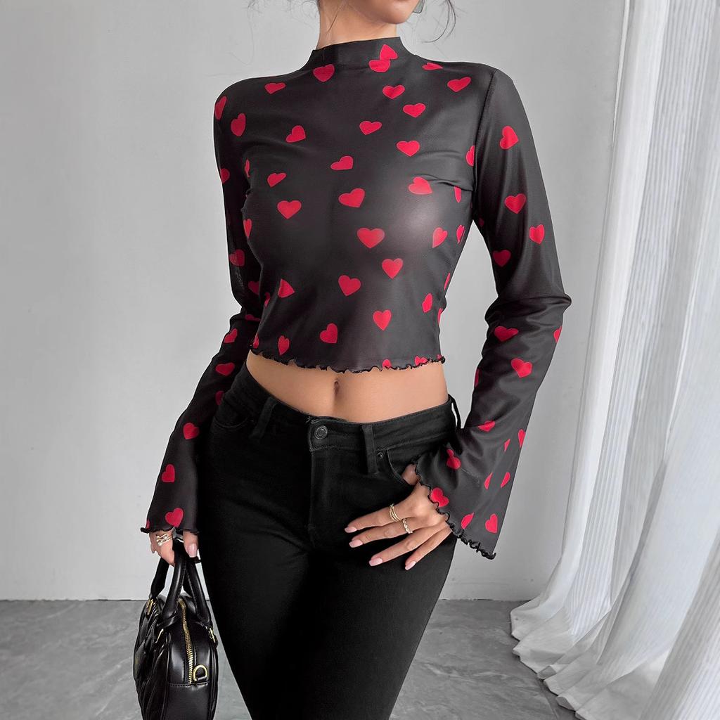 Ins Herbst Damen Netzprint Rundhals Glockenärmel Langarm T-Shirt Mode Täglich Basic Büro Dame Lässig Slim Fit Damen Elegantes Oberteil