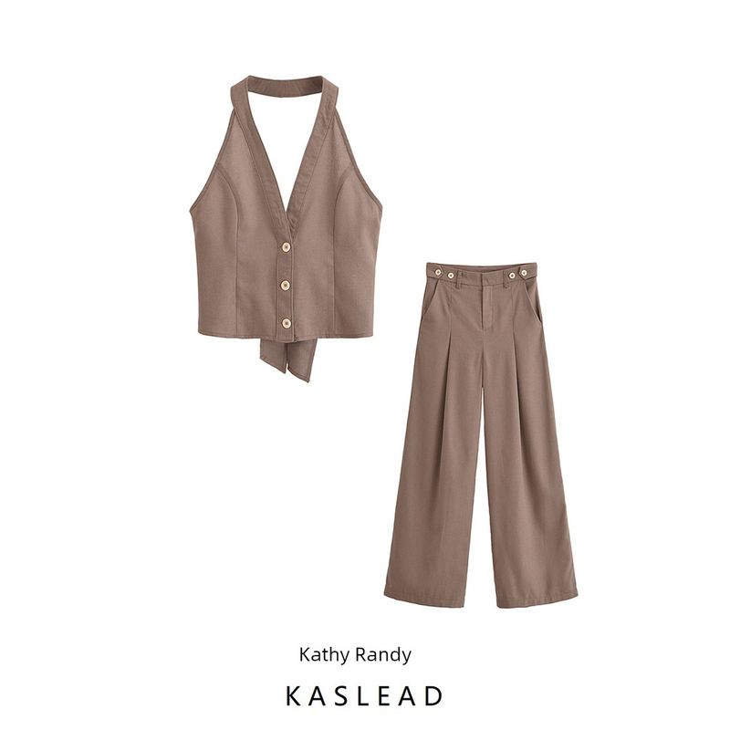 Kaslead New Arrival Women's Fashion Style Blended Hanging Collar Tops Casual Pants 8069333 8054333