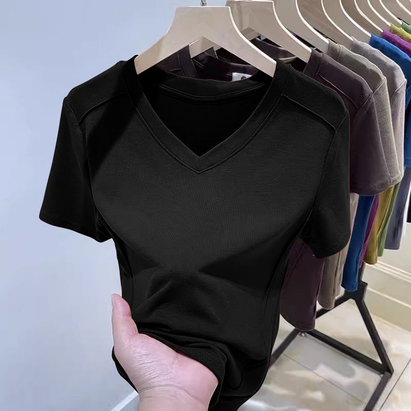 Summer Women's V-neck Short-sleeved Ribbed T-shirt