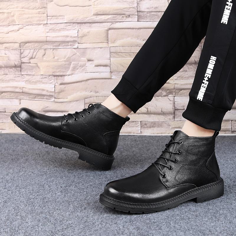 Fashion Men'S Medium Leather Boots Fashion Trend Casual Lace-Up Daily Men'S Shoes Cotton Warm Martin Boots