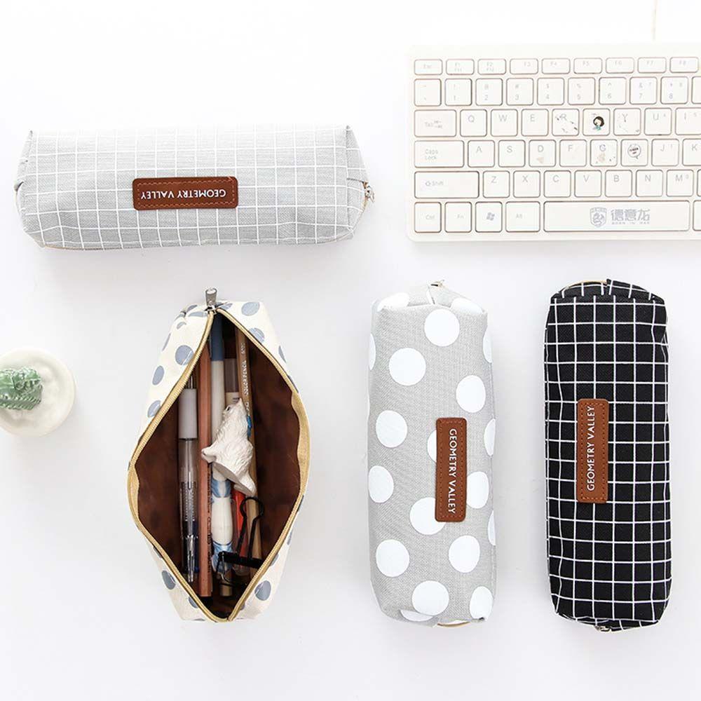 School Supplies Brief Style Geometry grid Canvas Pencil Case Pen Holder Pencil Pouch Pen Case